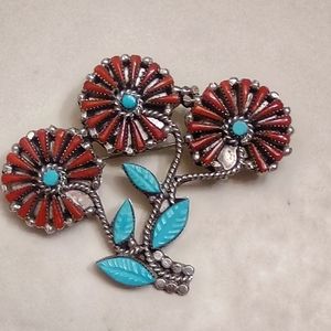 Signed Zuni pin/pendant silver, turquoise, coral flower bouquet by J.Lahte